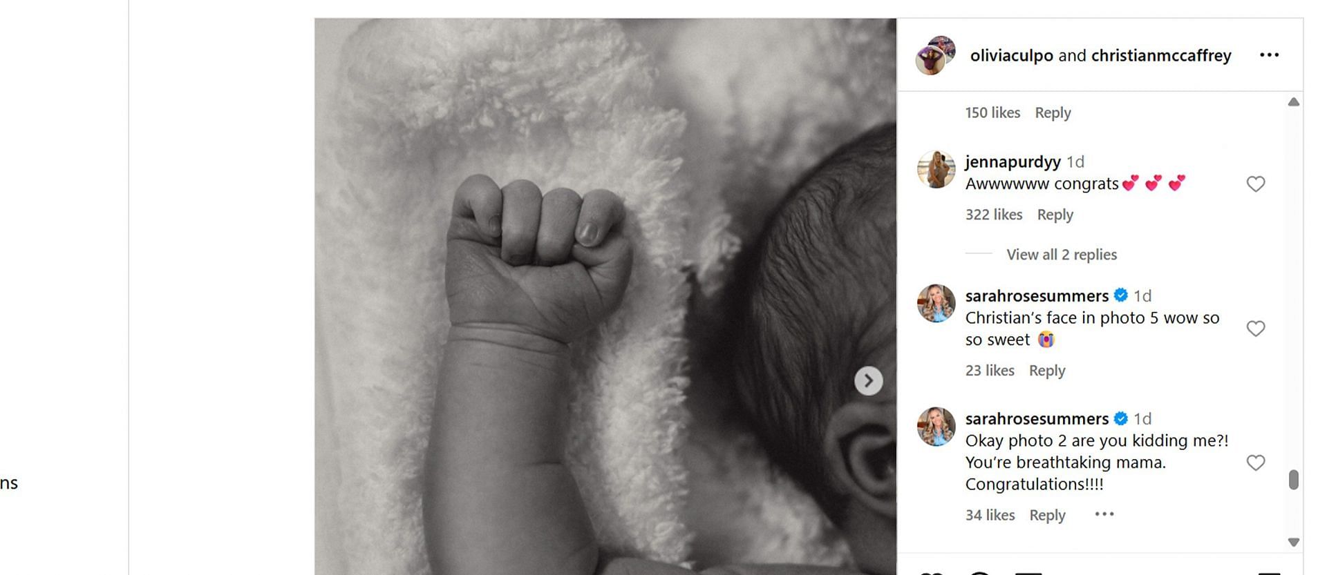 Brock Purdy's wife Jenna drops wholesome 2-word message for Christian McCaffrey and Olivia announcing their firstborn/@oliviaculpo